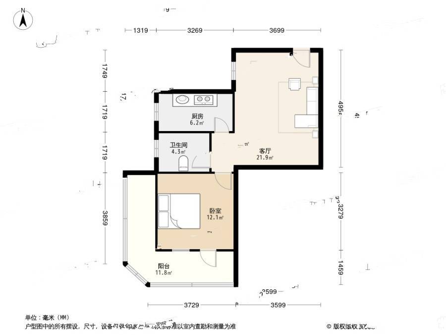 青年沟23号院1室1厅1卫61.4㎡户型图