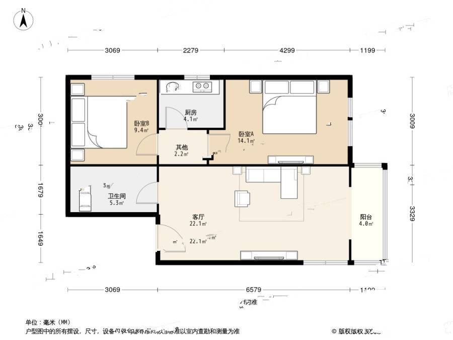 方安苑2室1厅1卫90㎡户型图