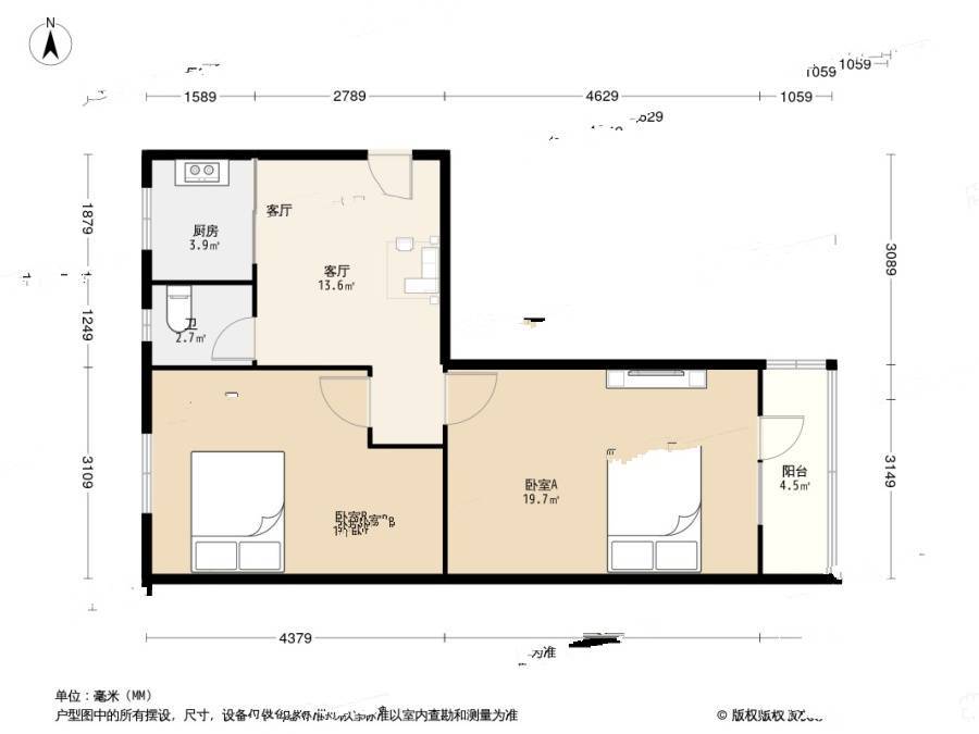 蒲黄榆路2室1厅1卫60.6㎡户型图