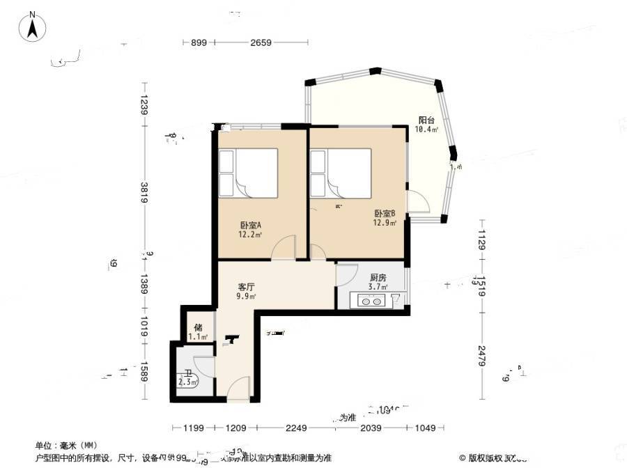 蒲黄榆路2室1厅1卫57.7㎡户型图