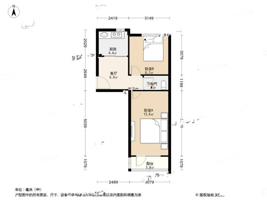 燕东园2室1厅1卫53.5㎡户型图