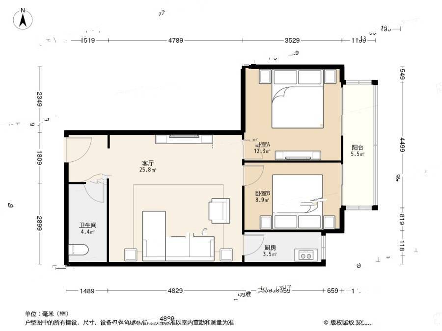 宝隆公寓2室1厅1卫82㎡户型图