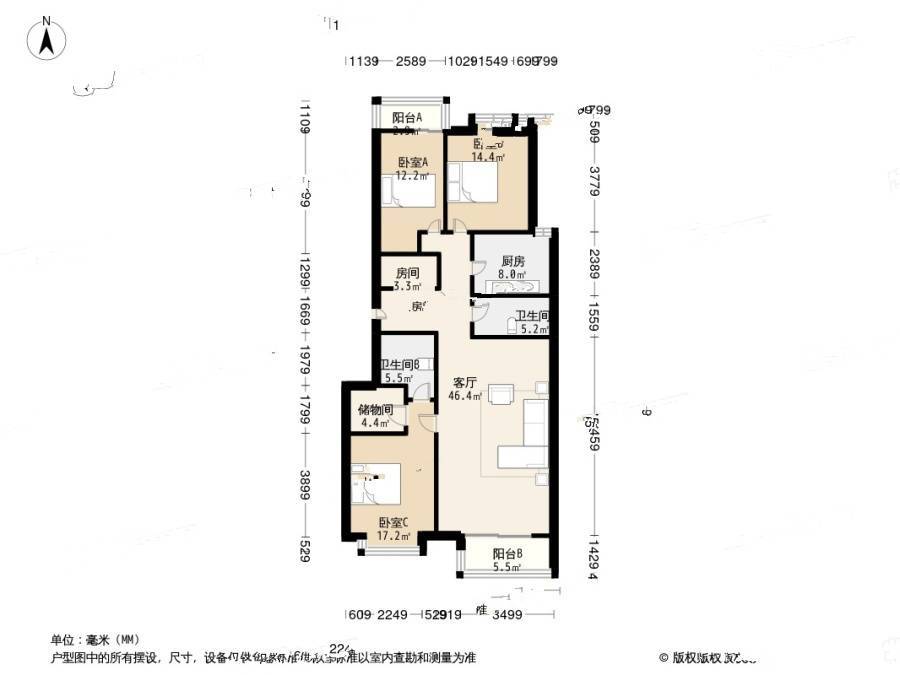 锦顺佳园3室1厅2卫141.4㎡户型图