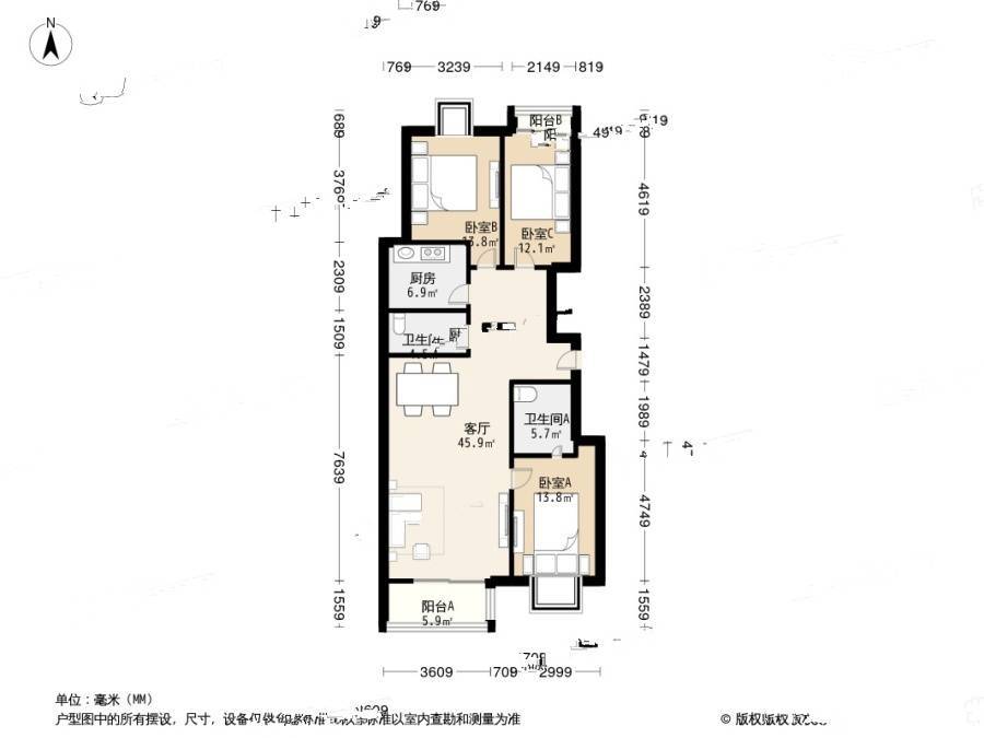 锦顺佳园3室1厅2卫139.2㎡户型图