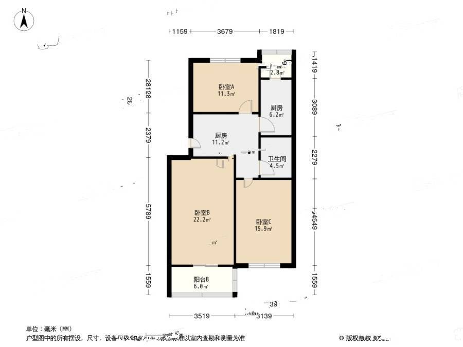 万树园3室1厅1卫87.8㎡户型图