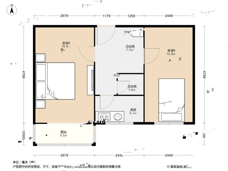 三虎桥南路小区2室1厅1卫51㎡户型图