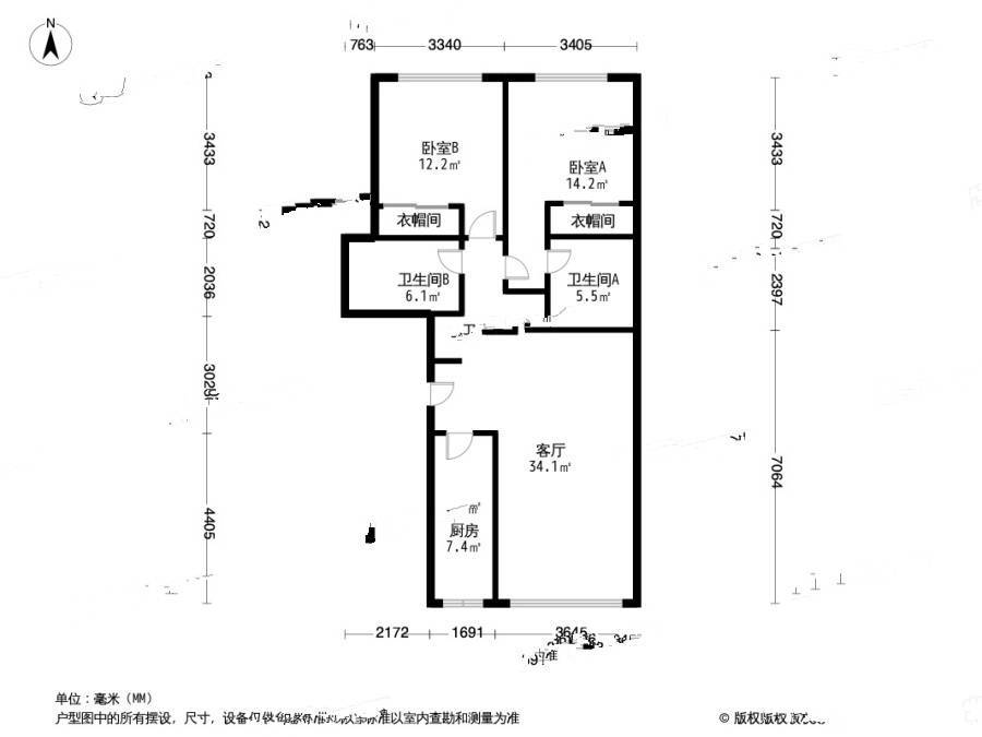 乐成豪丽2室1厅2卫120.7㎡户型图