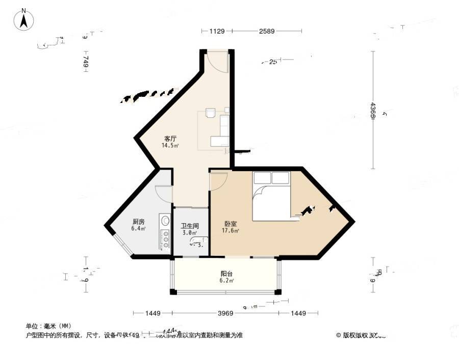 双锦园1室1厅1卫54㎡户型图