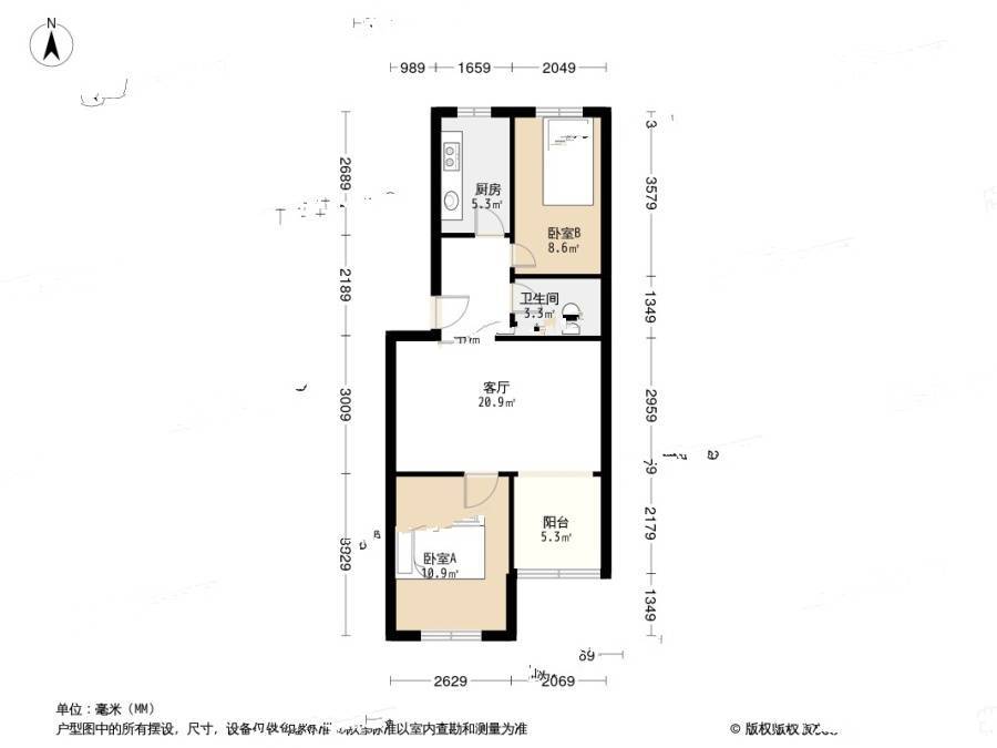 霍营住宅小区2室1厅1卫60㎡户型图