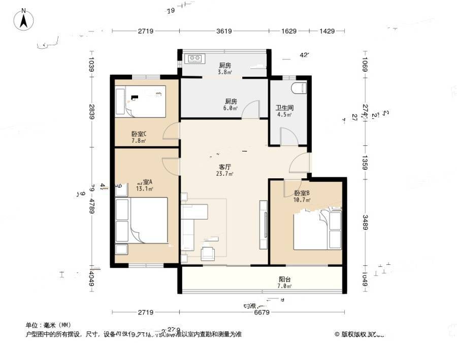 疃里新村3室2厅1卫104㎡户型图