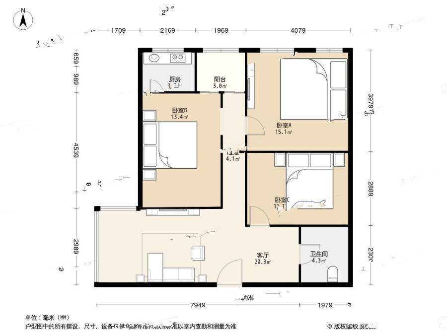 风格与林苑3室1厅1卫126㎡户型图