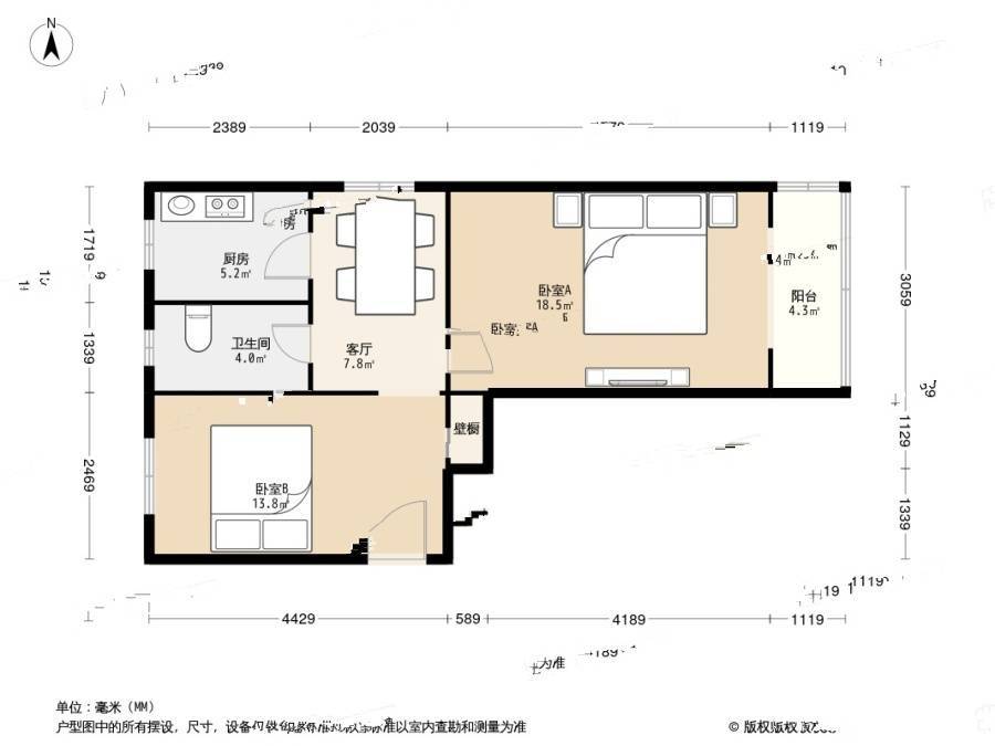 邮科社区2室1厅1卫56㎡户型图