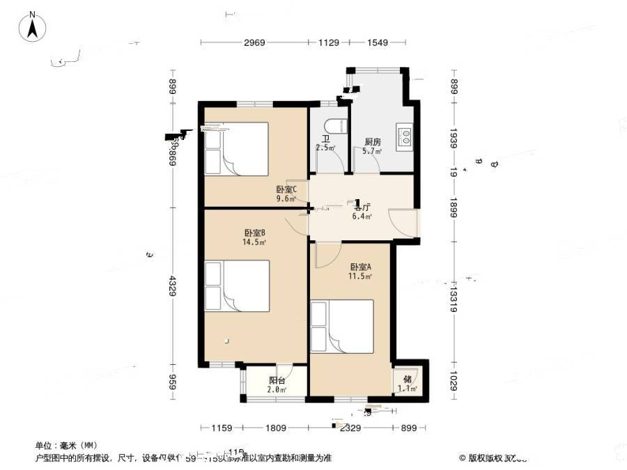 邮科社区3室1厅1卫63.2㎡户型图