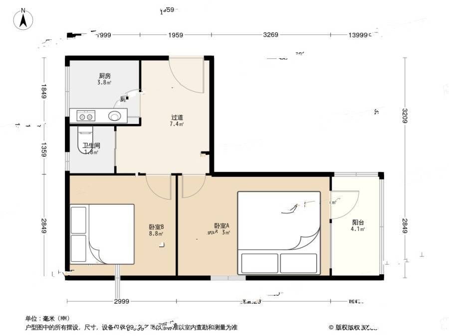 南菜园乙1号2室1厅1卫48.5㎡户型图