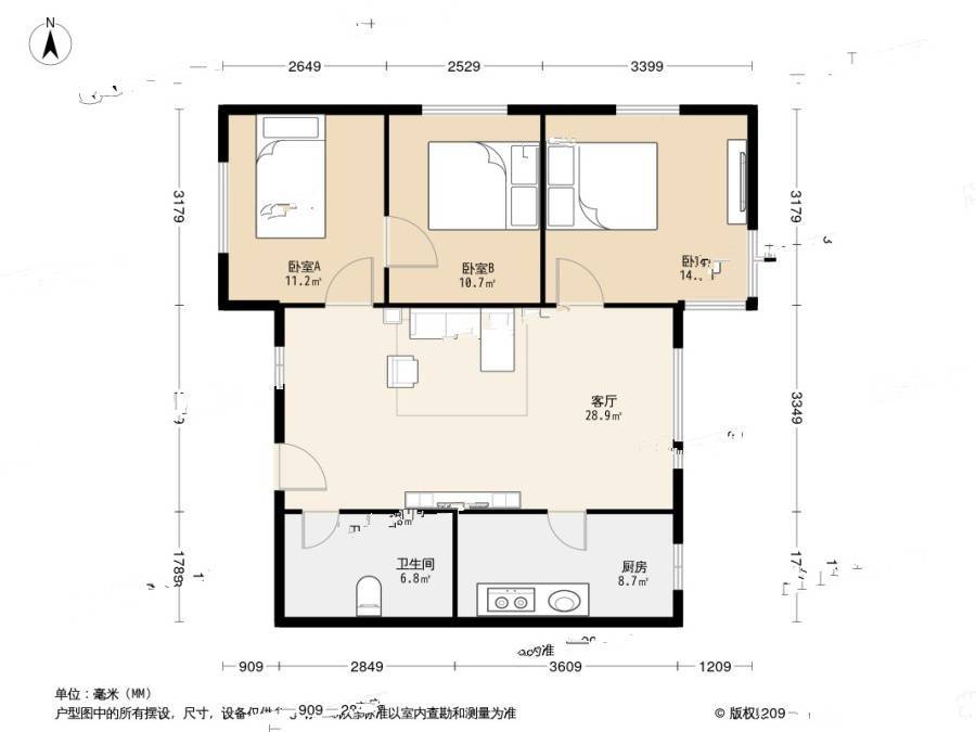 龙旗广场3室1厅1卫88㎡户型图