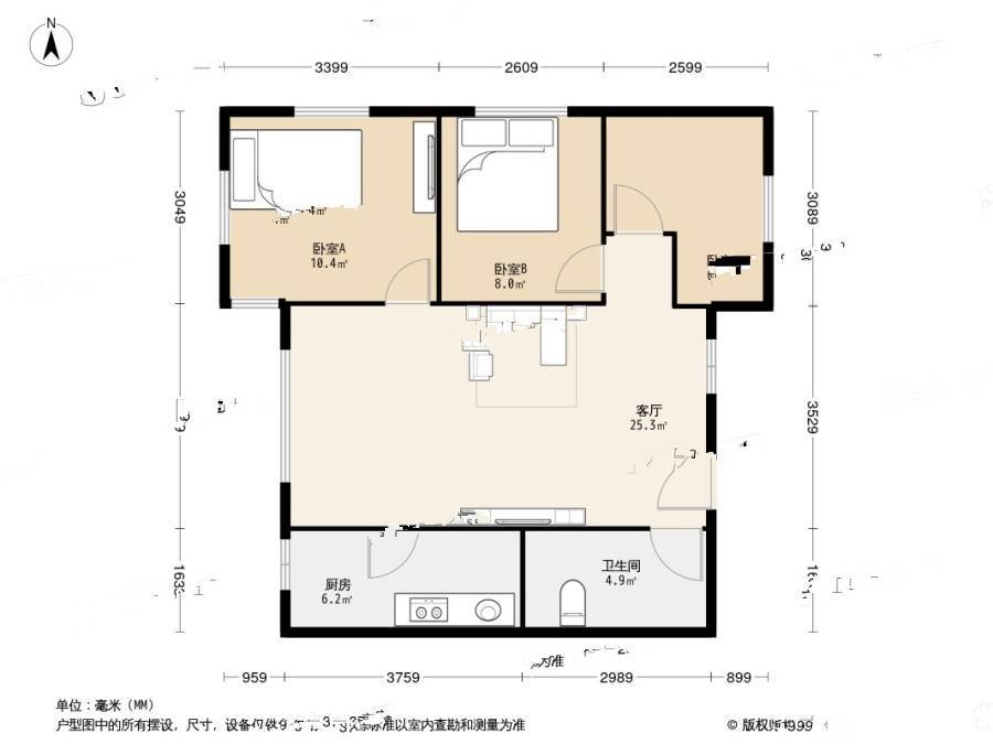 龙旗广场3室1厅1卫87.2㎡户型图