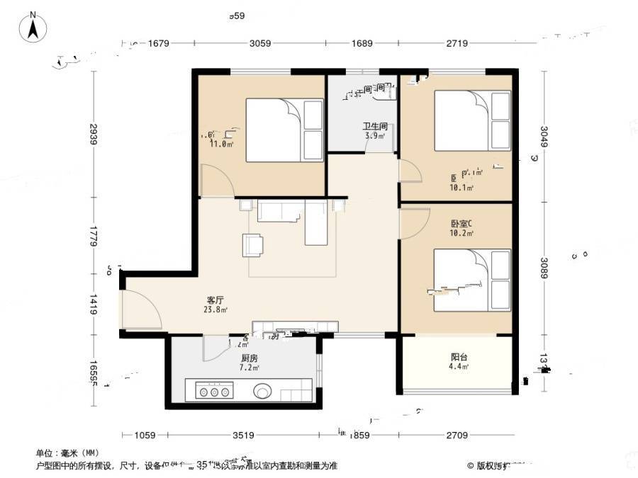 龙旗广场3室1厅1卫87.7㎡户型图