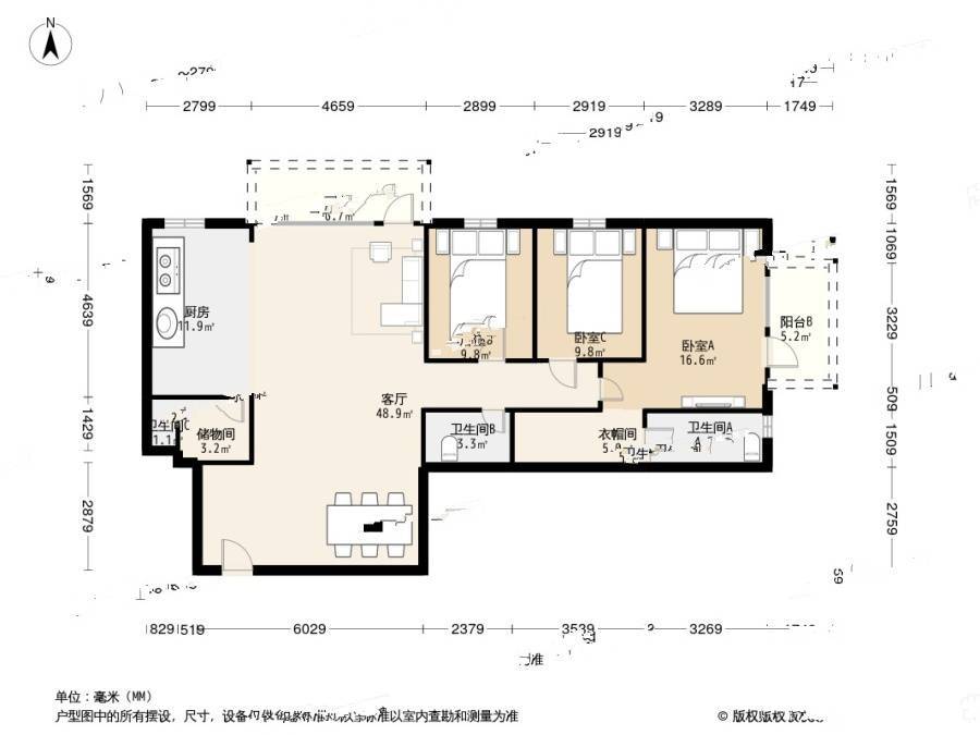 景园大厦3室2厅2卫195㎡户型图