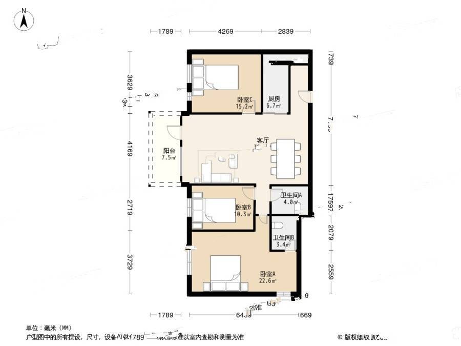 景园大厦3室1厅2卫163.5㎡户型图