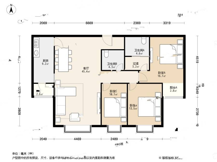 碧水云天3室1厅2卫144.9㎡户型图