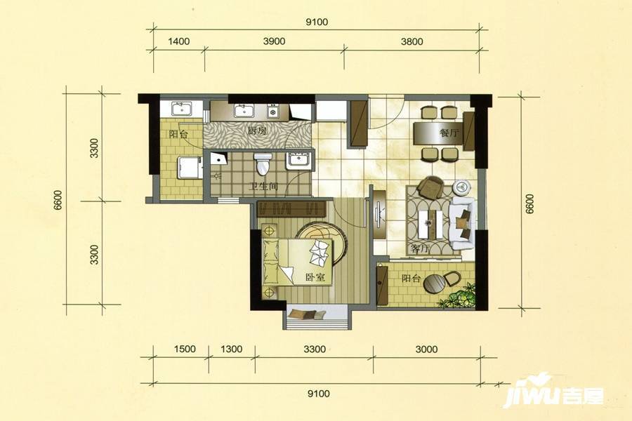 光大山湖城别墅1室2厅1卫49.6㎡户型图