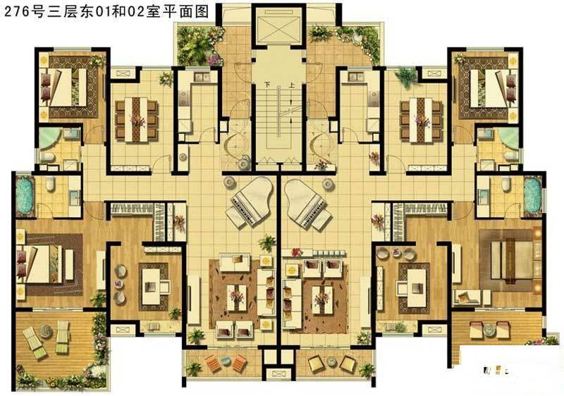 复地北桥城公寓3室2厅2卫158㎡户型图