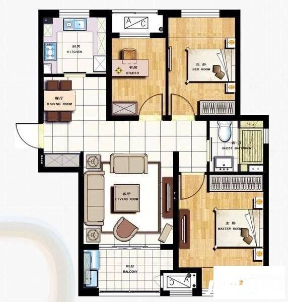 红墅1858公寓3室2厅1卫90㎡户型图