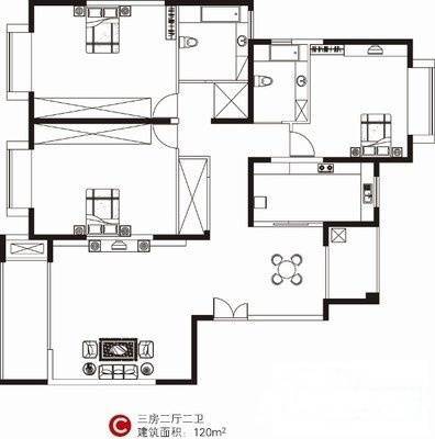 大华公园世家康华苑三期3室2厅2卫140㎡户型图