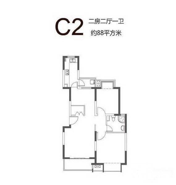 经纬城市绿洲三期2室2厅1卫88㎡户型图