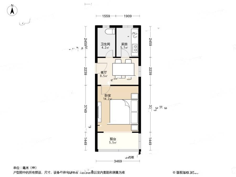 市京一村1室1厅1卫46.2㎡户型图