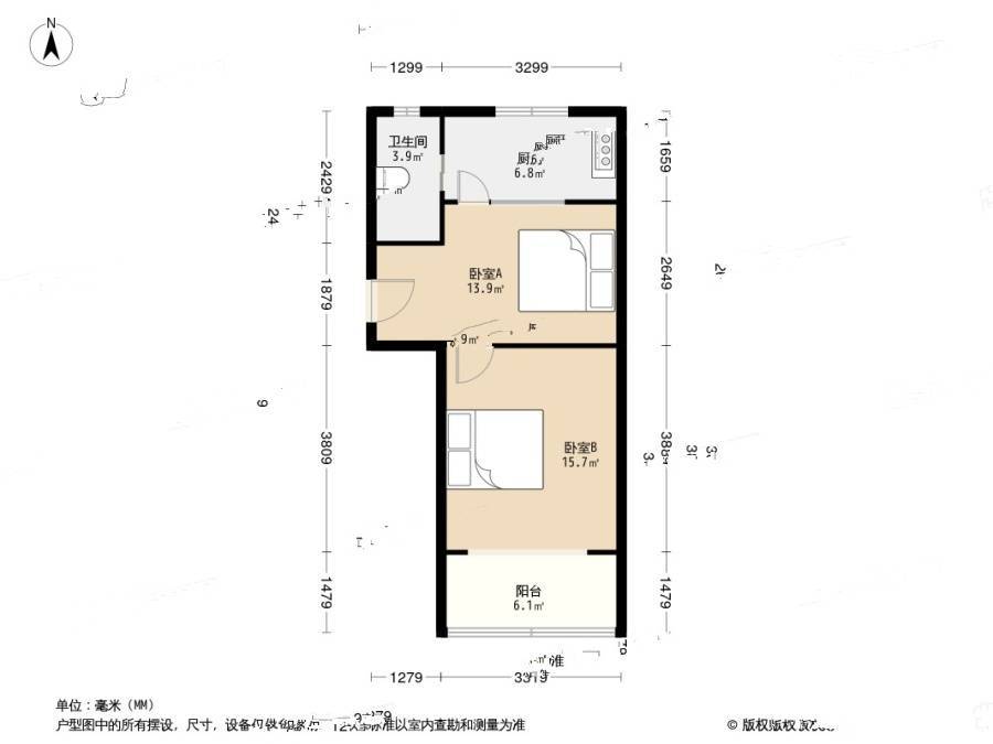 鞍山三村1室1厅1卫48.9㎡户型图