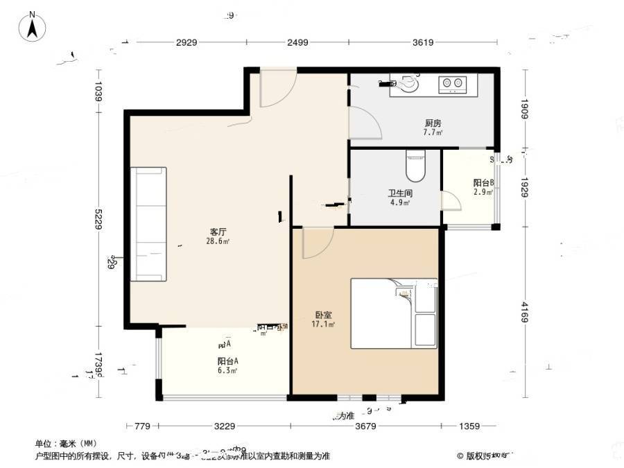 高杨佳苑1室1厅1卫62.4㎡户型图