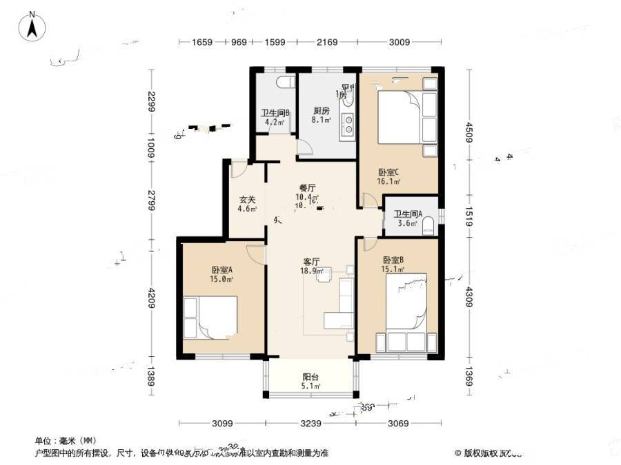 荻泾苑3室2厅2卫111.2㎡户型图