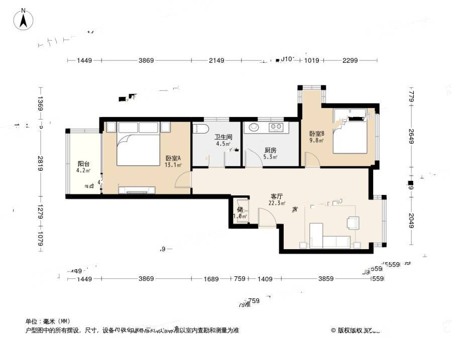 秋月枫舍2室1厅1卫91.2㎡户型图