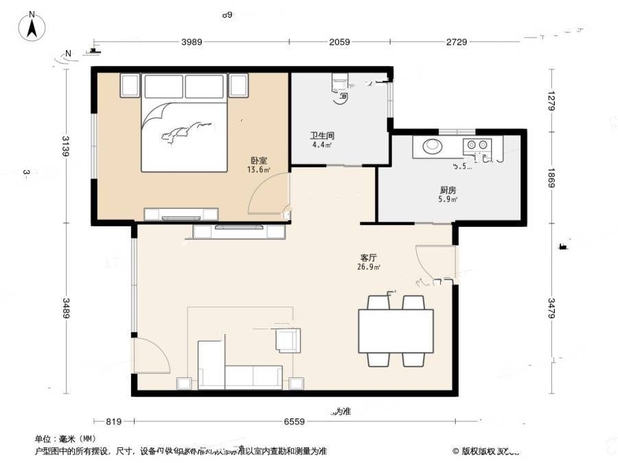 秋月枫舍1室1厅1卫66.5㎡户型图