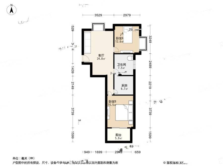 秋月枫舍2室1厅1卫88.6㎡户型图