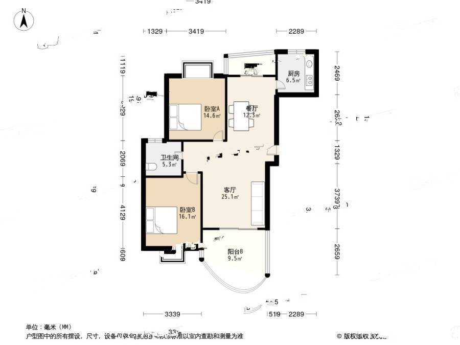 愉景华庭2室2厅1卫103.6㎡户型图