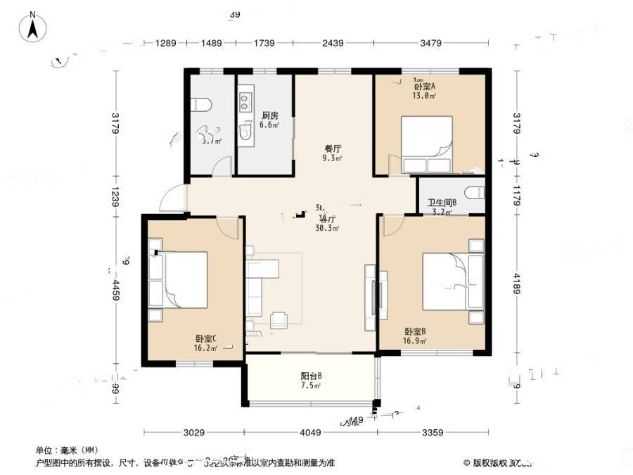 华银坊3室2厅2卫113.4㎡户型图