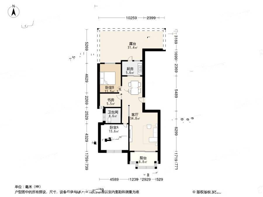 华银坊3室1厅1卫113.1㎡户型图