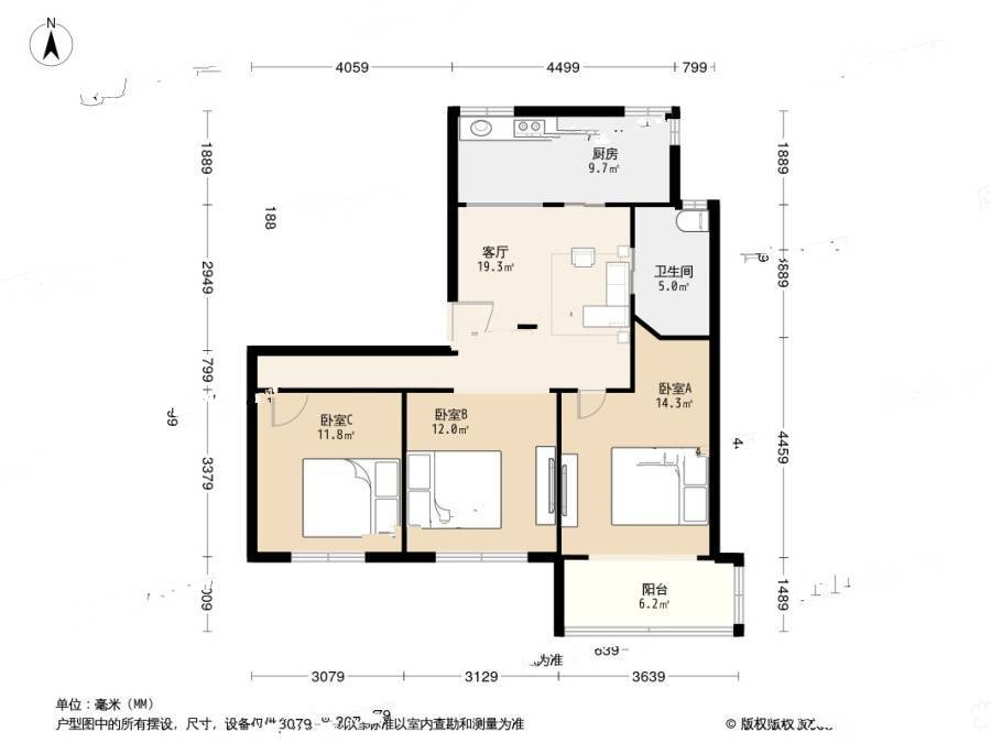 新长征花苑3室1厅1卫82㎡户型图