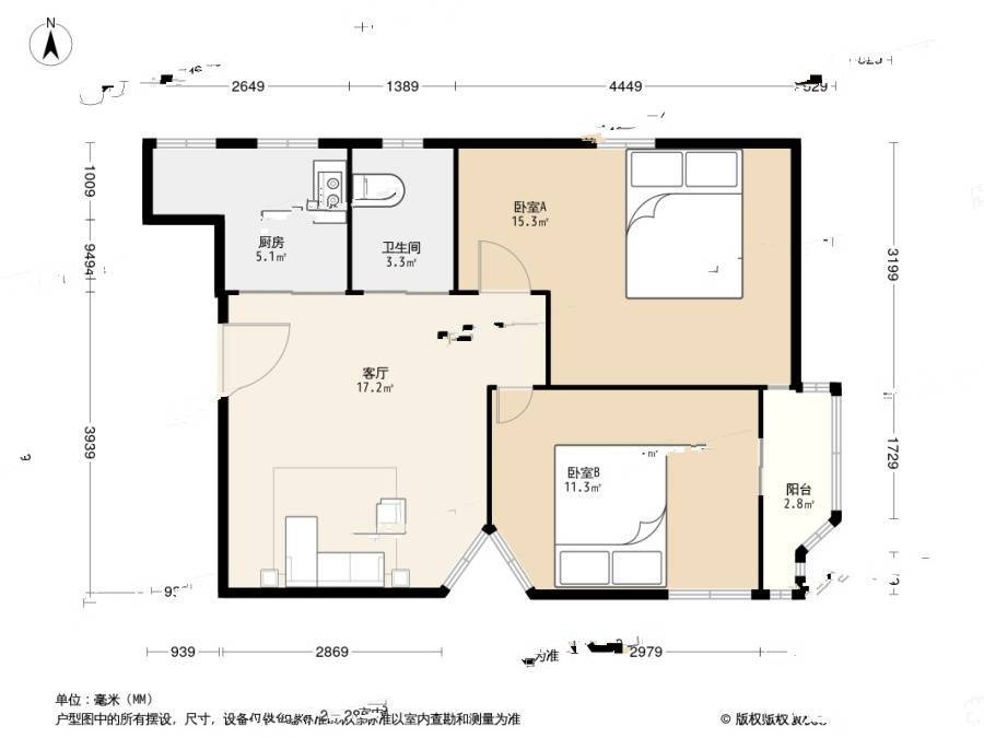 长寿新村(闵行)2室1厅1卫59.1㎡户型图