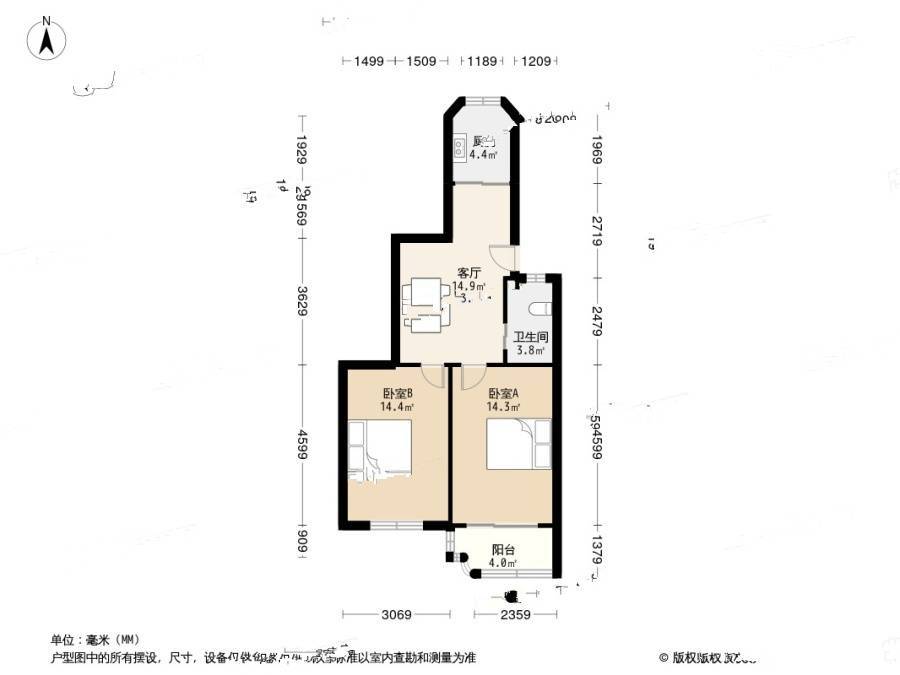 长寿新村(闵行)2室1厅1卫68㎡户型图