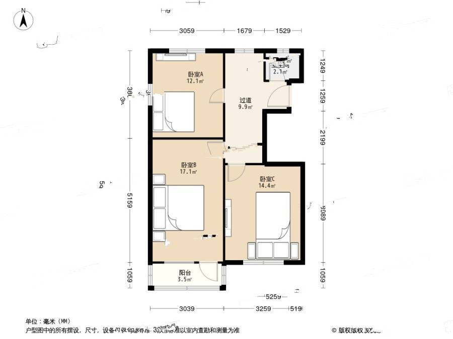 泰山二村3室1厅1卫64.8㎡户型图