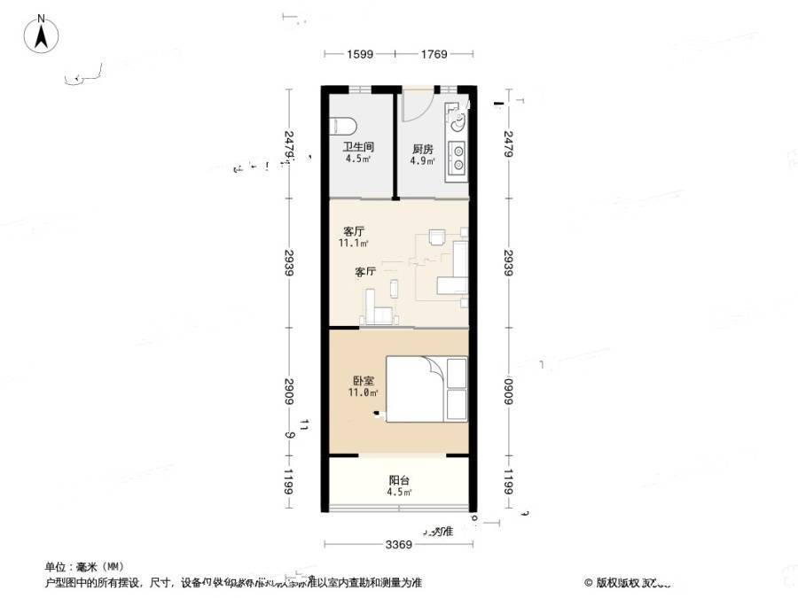 长新小区(普陀)1室1厅1卫39.9㎡户型图