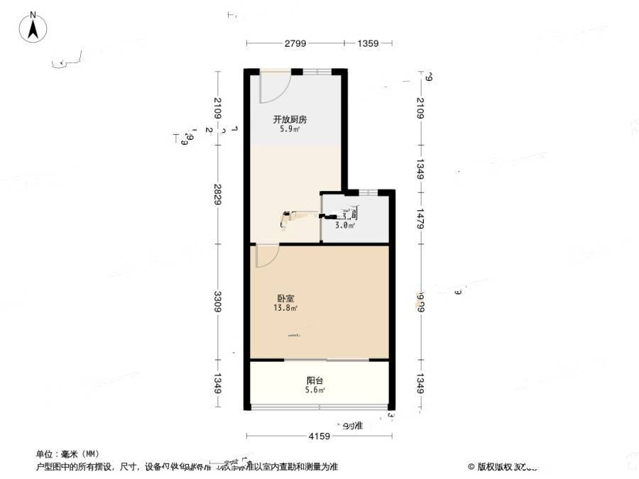 莲花公寓(普陀)1室1厅1卫46.4㎡户型图