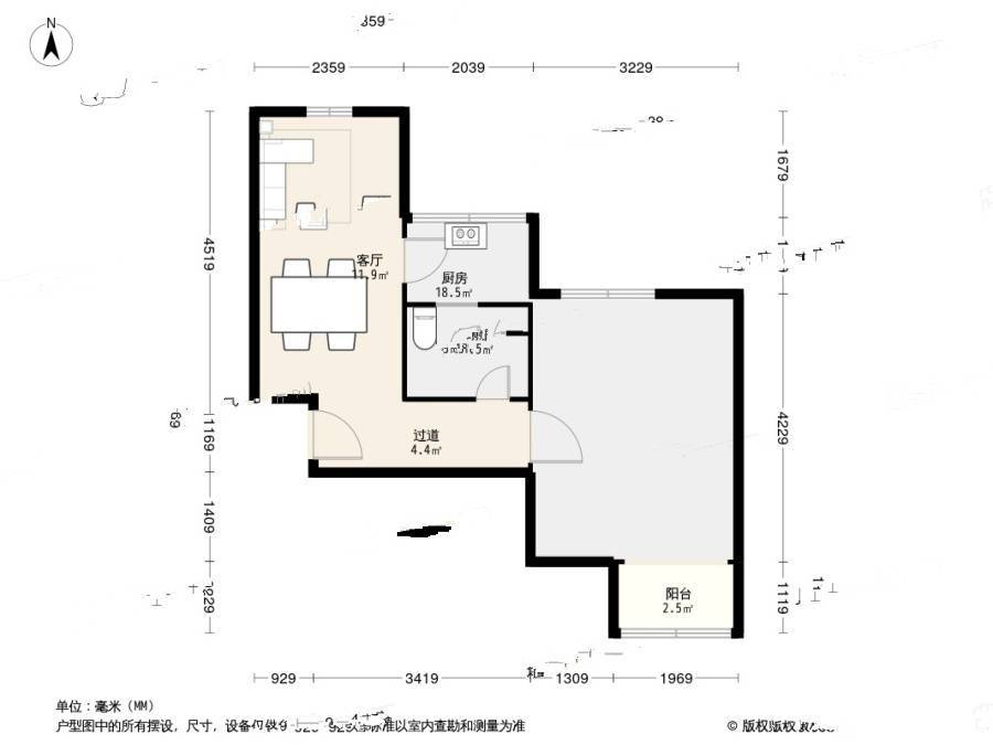 莲花公寓(普陀)1室1厅1卫45.2㎡户型图