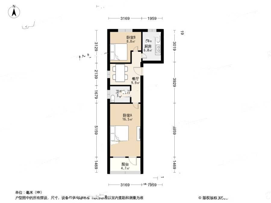 泰山三村2室1厅1卫60.4㎡户型图