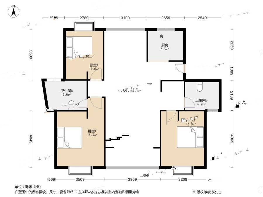 阳光翠庭3室2厅2卫131.6㎡户型图