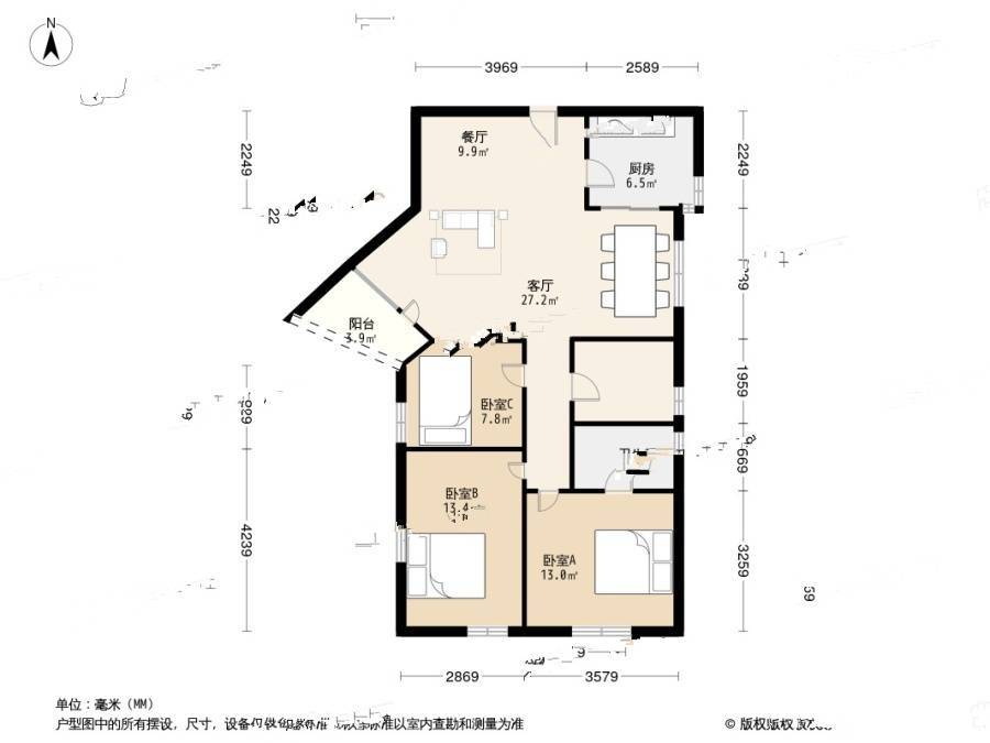 实业公寓3室2厅2卫112㎡户型图