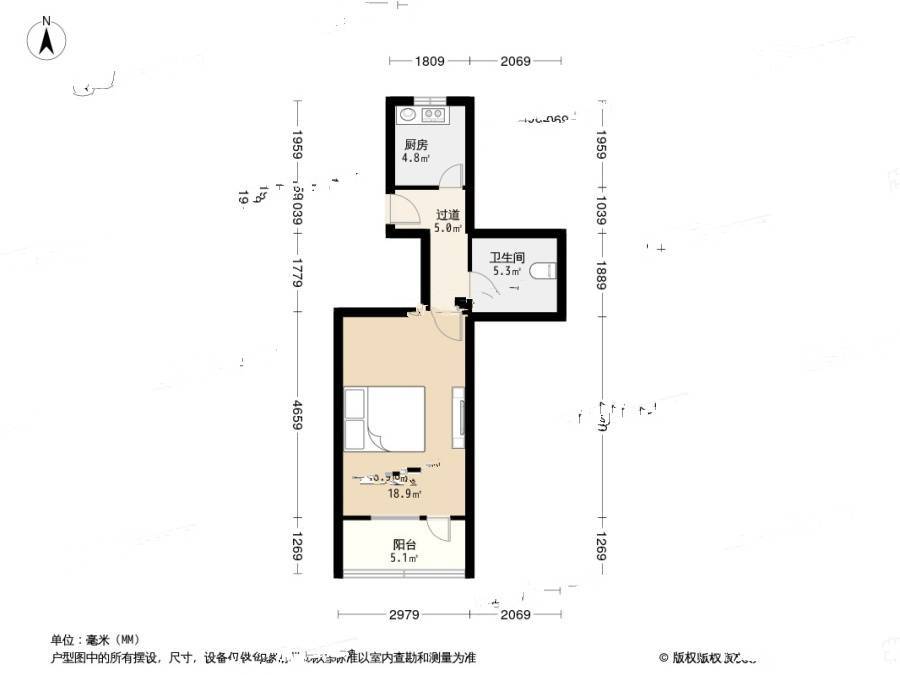 长青坊1室1厅1卫38.8㎡户型图